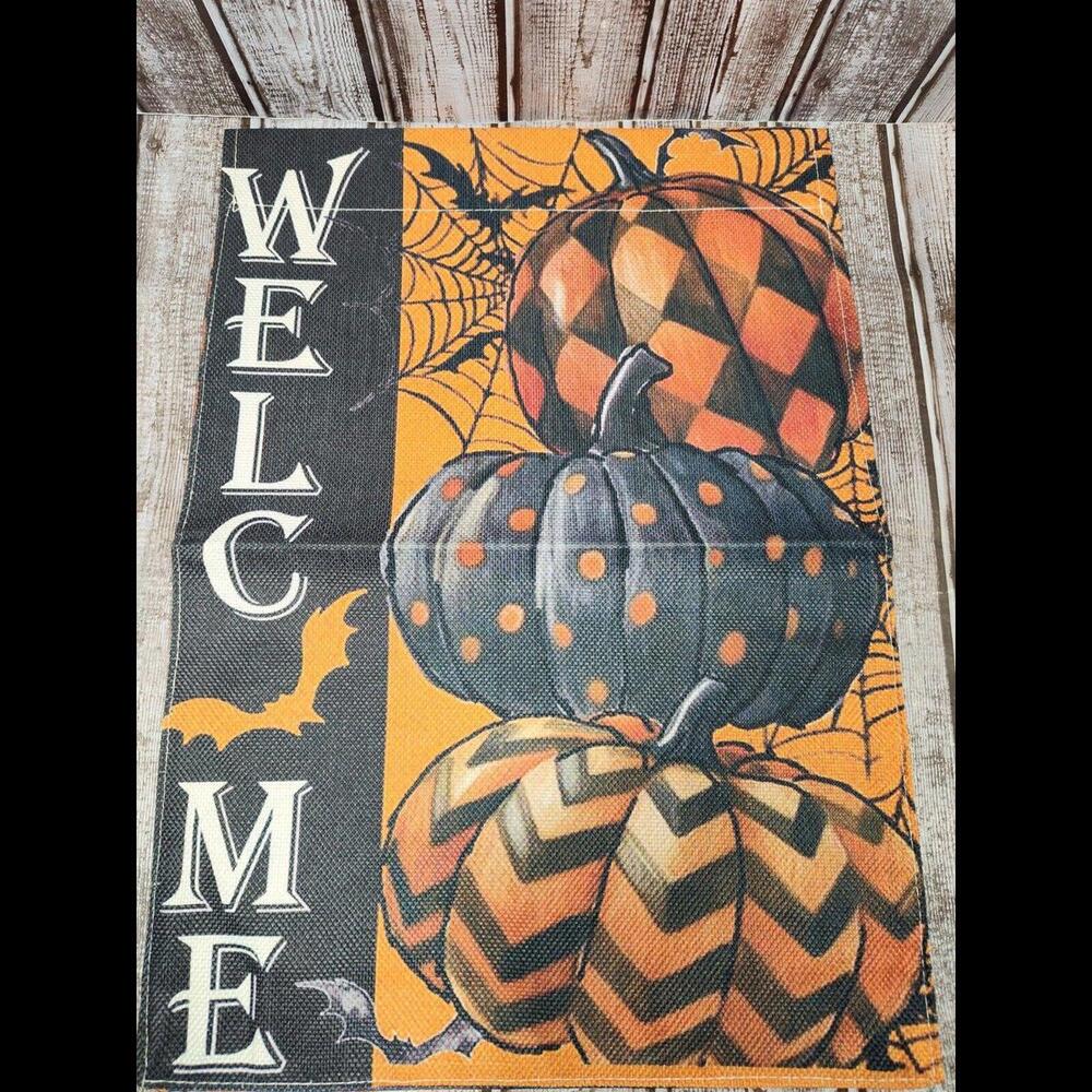 Halloween Bats & Pumpkins Flag 12 x 18 New Double Sided Soft Burlap Type Linen